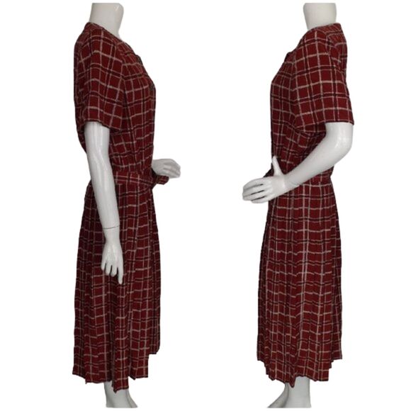 LESLIE FAY Midi Dress, XL, Dark Red Plaid, Short sleeve, Matching Belt, SS - Picture 7 of 12